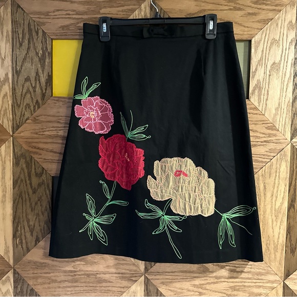 Vtg 90’s Debra McGuire Skirt Women’s Black Embroidered Floral A-Line Midi Sz 12 - Picture 2 of 6